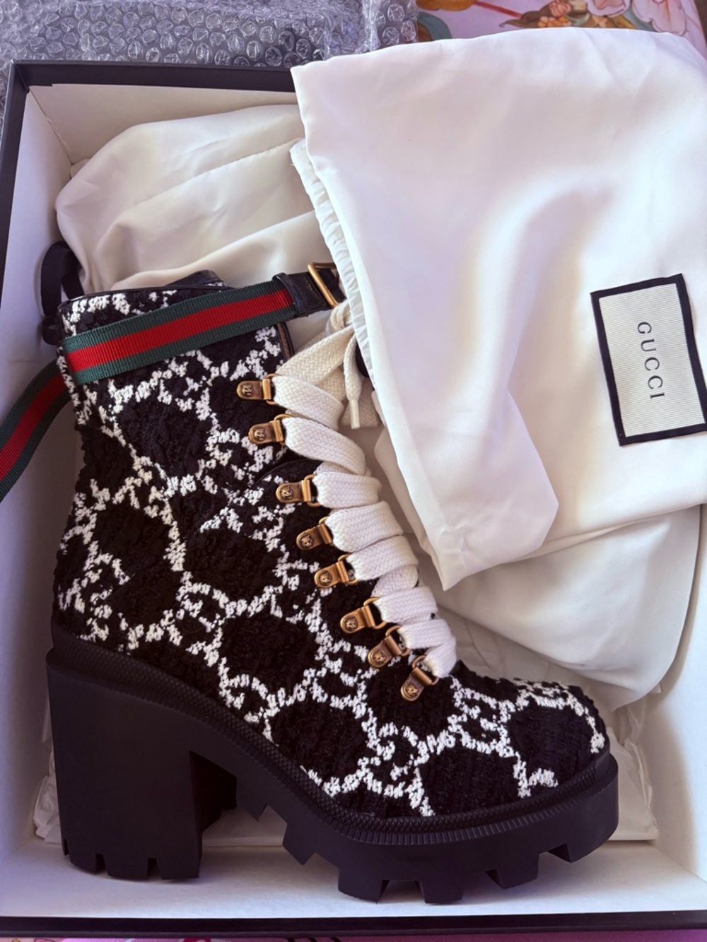 Gucci Black & White Lace Pattern Lug Platform Combat Boot